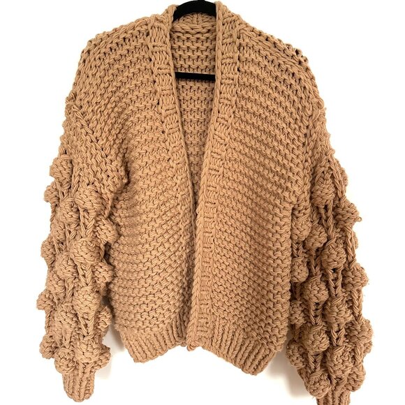 Caramel Handmade Knit Cardigan with Pom-Pom Sleeves, One Size - Picture 2 of 4